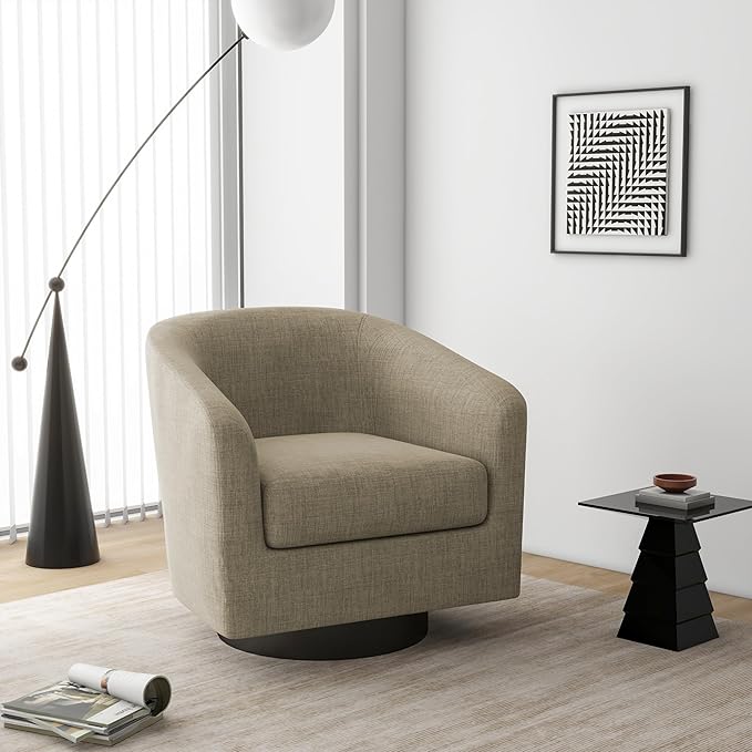 Swivel Barrel Accent Chair, Modern Round Linen Arm Chair for Living Room, Bedroom, Comfy Club Reading Chairs for Adults, Linen Fabric, Light Brown, Set of 2