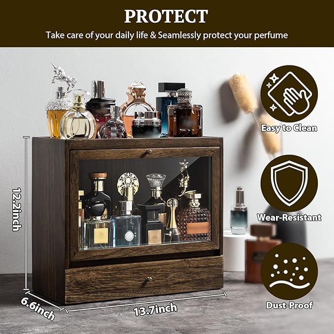 Cologne Organizer for Men, Solid Wood Perfumes Organizer for Men Dresser, Large Capacity Dustproof Cologne Holder with Drawer Storage Perfume Stand Organizer, Ideal Gift for Loved ones