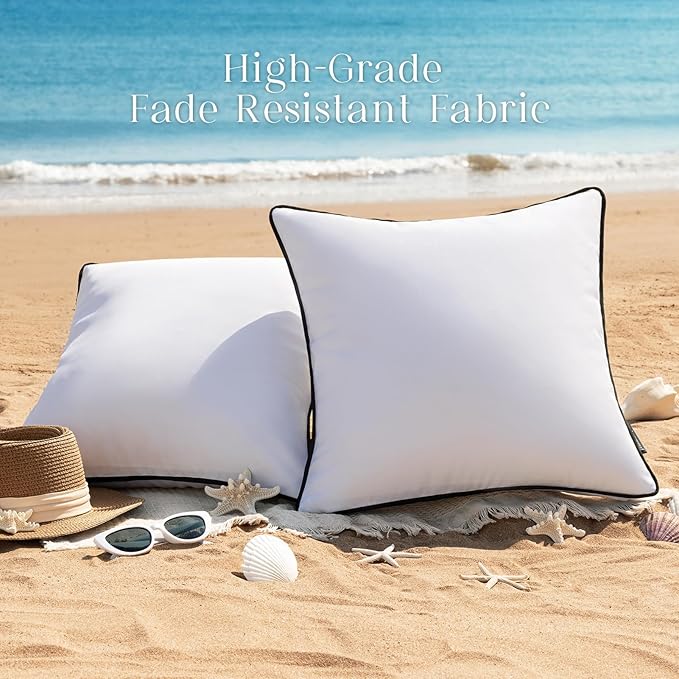 Phantoscope Pack of 2 Outdoor Waterproof Throw Pillow Covers with Contrast Piping, Decorative Square Cushion Case Patio Pillows for Couch Tent Sunbrella, Pure White 20x20 inches