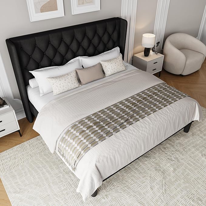 King Size Upholstered Bed Frame with Wingback Headboard, Fabric Linen Platform Bed, 8" Under Bed Storage, Wooden and Metal Slats Support, No Box Spring Needed, Black