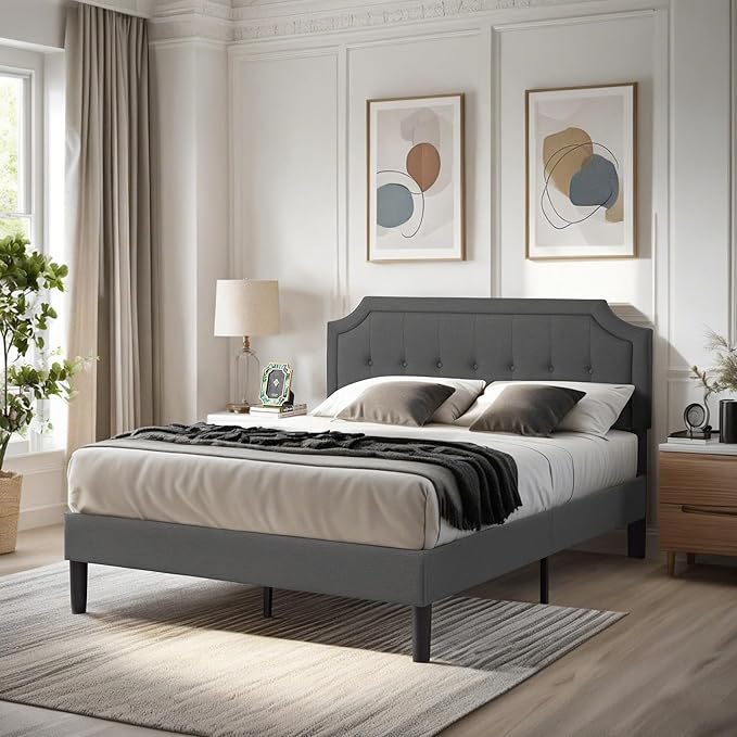 VECELO Full Size Platform Bed Frame with Fabric Upholstered Headboard and Wooden Slats Support, No Box Spring Needed/Easy Assembly,Grey