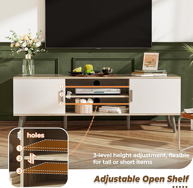 SUPERJARE TV Stand for 55 Inch TV, Entertainment Center with Adjustable Shelf, 2 Cabinets, TV Console Table, Media Console, Solid Wood Feet, Cord Holes, for Living Room, Bedroom, Gray and White