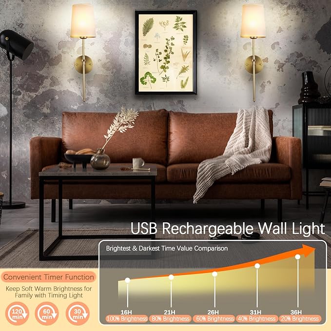 Wall Lights Battery Operated Wall Sconces Set of 2, Gold Rechargeable Wall Sconce with 15 RGB Dimmable Detachable Bulbs and Remote, Wireless Battery Powered Wall Lamp for Living Room Bedroom