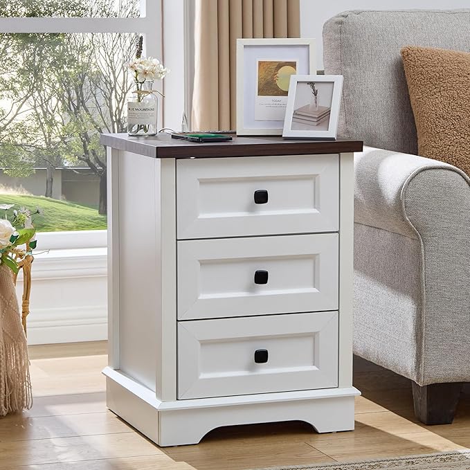 LIDYUK 3 Drawer White Dresser for Bedroom Farmhouse Dresser Chest of Drawers, 25" Tall Nightstand with Charging Station Chest of Drawers for Bedroom, Living Room