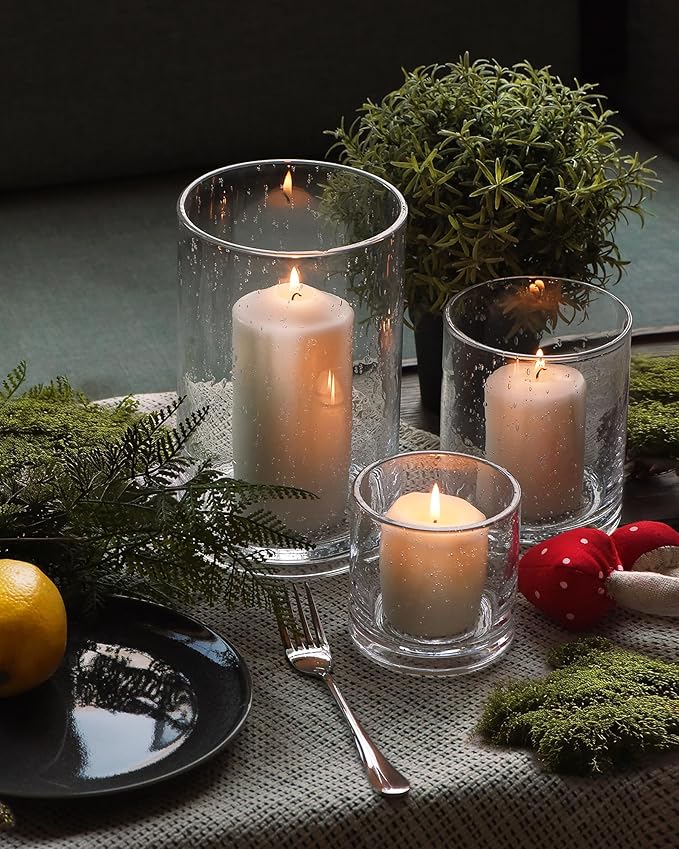 ARIAMOTION Hurricane Glass Candle Holders Set, Pillar Votive,Clear Seeded Bubbles Cylinder Vase,Modern Rustic Table Centerpieces Bulk, 3 Sizes 8 Inch 5 Inch 3.5 Inch Height