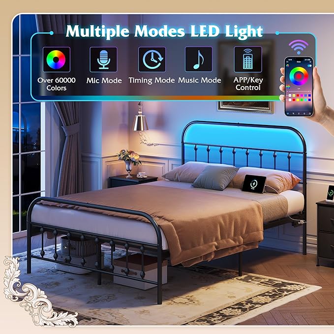 WLIVE Full Size Bed Frame with Headboard, Full Bed Frame with LED Lights and Charging Station, Metal Platform Bed with Storage, Black