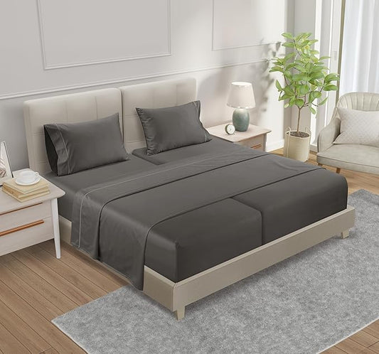 100% Cotton Sheets Split King Size Sheets Set with Fitted Sheet & Pillowcase Sets, 800 TC Sateen Weave 4 PC Deep Pocket Split King Sheet Set, Soft & Comfy Naturally Cool Luxury Bedding – Charcoal