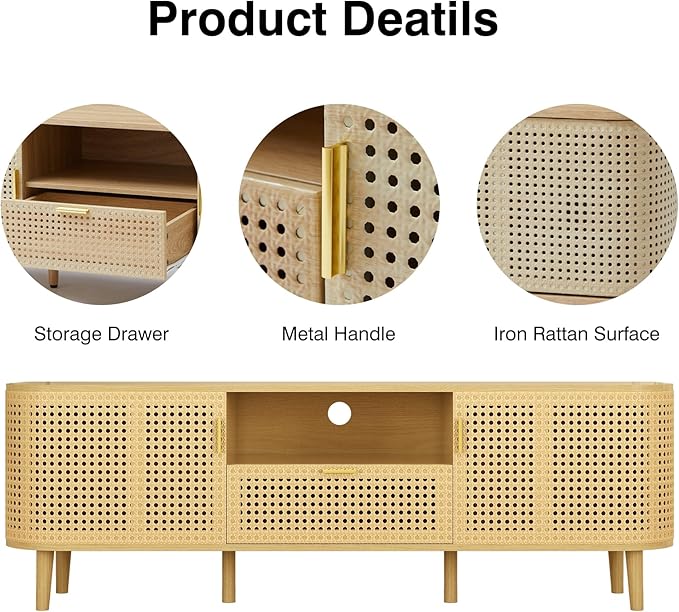 ORRD TV Stand for TVs Up to 65 Inch, Boho Wood Television Stands Media Entertainment Center Console Table with Curved Iron Rattan Doors and Drawer for Living Room - Natural