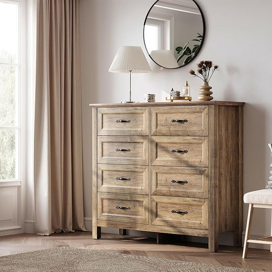 LINSY HOME Updated Dresser for Bedroom with 8 Drawers, Wide Chest of Drawers, Wooden Bedroom Dresser with 1 pcs Fabric Divider Organizer, Storage Organizer for Closet, Living Room, Rustic Oak