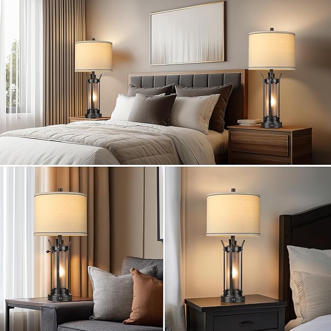 QiMH Farmhouse Table Lamps for Living Room, Beside Lamps for Bedroom with USB A+C Charging Ports, Rustic Nightstand Lamp Set of 2 with Frosted Glass Night Light, 4 Bulbs Included (Black)