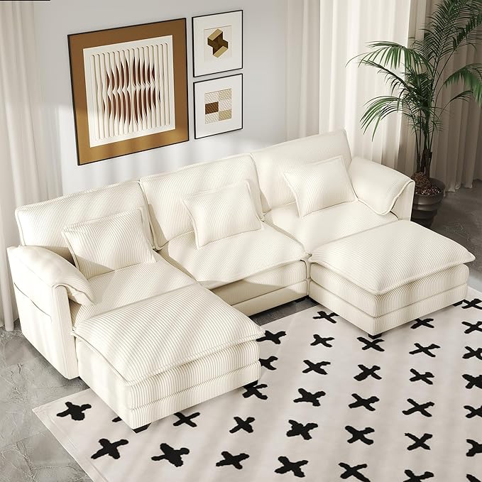 Real Relax 111'' Modular Sectional Sofa, U Shaped Corduroy Convertible Couch with Movable Ottoman 6 Pillows and 2 Armrest Pillows for Living Room, Office and Leisure Places, Beige