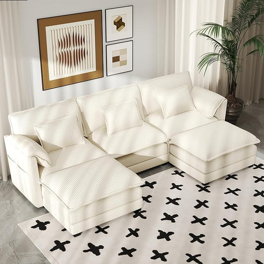 Real Relax 111'' Modular Sectional Sofa, U Shaped Corduroy Convertible Couch with Movable Ottoman 6 Pillows and 2 Armrest Pillows for Living Room, Office and Leisure Places, Beige