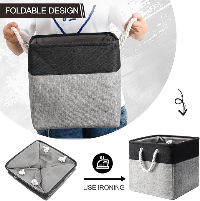 meekoo 8 Pack Collapsible Storage Bins Fabric Storage Bins Polyester Fabric Baskets with Handles Linen Closet Organizer for Shelf Home Closet Towels Toys(12 x 12 x 12in,Black Gray)