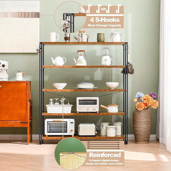 HCHQHS Bookshelf, 5-Tier Industrial Bookcase, Rustic Open Book Shelf, Freestanding Tall Bookshelves with Metal Frame