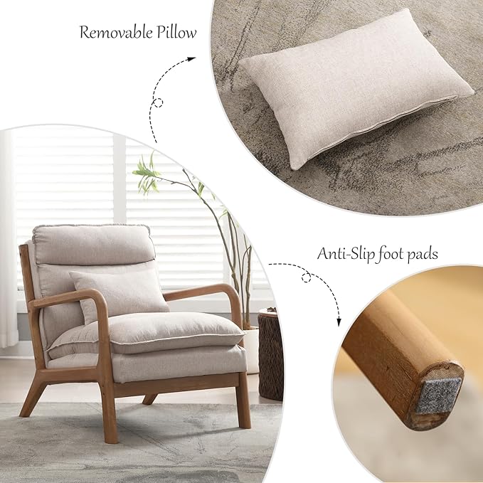 INZOY Accent Chairs Set of 2, Mid Century Modern Accent Chair with Wood Frame, Upholstered Reading Armchair with Waist Cushion, Side Chair for Living Room Bedroom Office, Easy Assembly, Beige