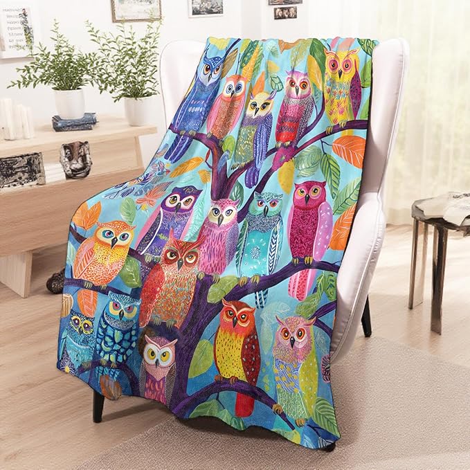 Colorful Owl Tree Blanket, Cozy Flannel Vibrant Owls on Branches Throw Blanket for Couch Outdoor, Plush Soft Lightweight Travel Blankets for Bed Decor and Gifts, for Women Kids Adults 50"x60"