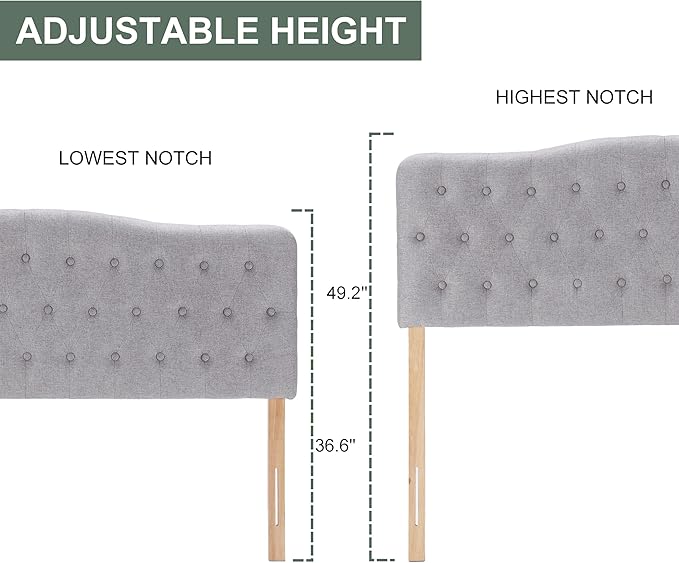 Upholstered Headboard, Button Diamond Tufted Headboards with Adjustable Height and Solid Wood Leg, Linen Fabric Padded Headboard for King Size Bed, Mordern Head Board (Grey, King)