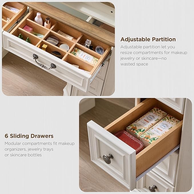 Makeup Vanity Desk with 48" HD Lighted Mirror, Farmhouse Vanity Desk with 8 Drawers, Vanity Table with 3 Color Modes, Dressing Table with Glass Top and Power for Bedroom (Antique White)