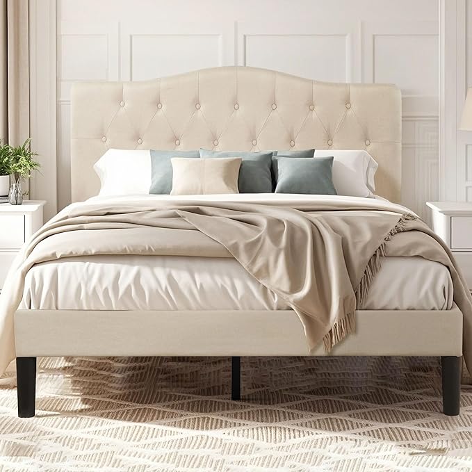 VECELO Full Size Platform Bed Frame with Fabric Upholstered Headboard and Wooden Slats Support, No Box Spring Needed/Easy Assembly,Beige