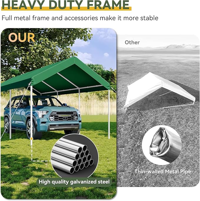 Aoxun 10x20 ft Heavy Duty Carport with Tarp & Wind Resistance Portable Carport Car Tent Outdoor Car Port with Tear Resistant Canopy, No Sidewall - Green