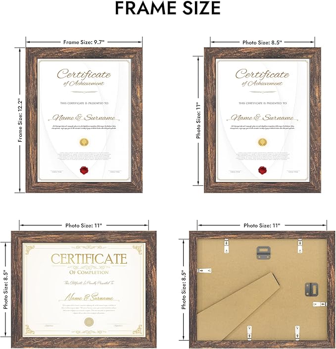 8.5 by 11 Diploma Picture Frame, Made of Real Glass and Wooden Certificate Frame, Horizontal and Vertical Display for Wall or Tabletop (Rustic Brown, 1Pack)