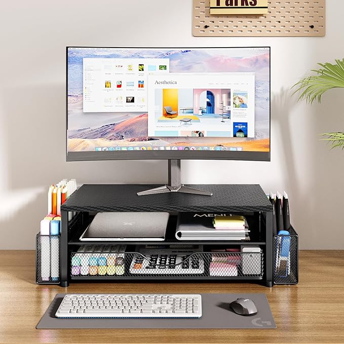 Desk Organizer and Accessories, 2-Tier Computer Monitor Stand with Drawer and 2 Pen Holders, Laptop Stand, Office Desk Accessories for Office Supplies, Carbon Fiber