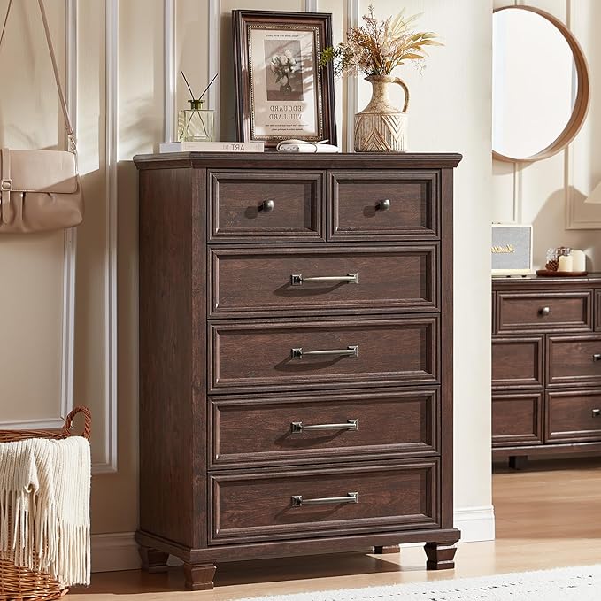 Farmhouse 6 Drawer Dresser for Bedroom, 45 Inch Tall Vintage Wood Chest of Drawers, Rustic Dressers w/Square Wooden Legs, Mid-Century Storage Organizer for Living Room, Hallway, Walnut