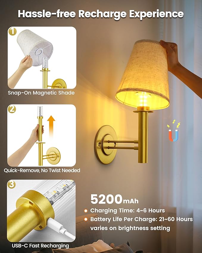 Battery Operated Wall Sconces Lights Decor for Bedroom Set of 2, Wireless Rechargeable LED Wall Lamp with Remote & Touch Control, Wall Mount Lighting Fixture for Living Room, Satin Gold