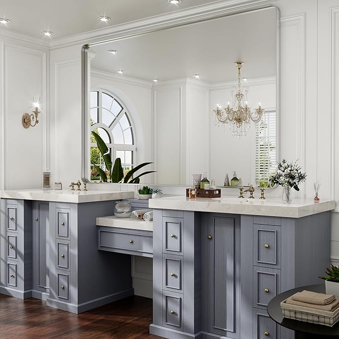 Hasipu Brushed Silver Bathroom Mirror 59x39 Inch Rounded Rectangle Vanity Mirror Metal Framed Wall Mirrors Anti-Rust Surface Mount (Horizontal/Vertical)