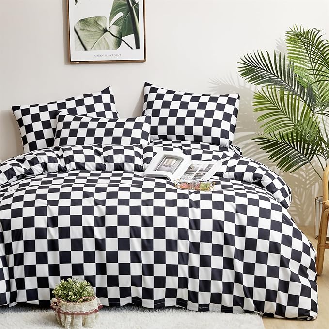 CLOTHKNOW Black White Plaid King Size Comforter Set 3Pcs Grid Bedding Comforter Sets Soft Checkered Comforter Black White Comforter with 2 x Pillow Cases
