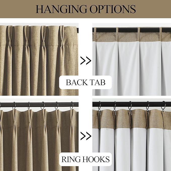 Vision Home Brown Pinch Pleated Full Blackout Curtains Linen Blended Room Darkening Window Curtains 90 inch for Living Room Bedroom Thermal Insulated Pinch Pleat Drapes with Hooks 2 Panel 40" Wx90 L