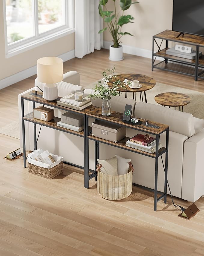 VASAGLE Console Table with Power Outlet, 2-Tier Narrow Sofa Table with 2 Shelves, 7.9 x 31.5 x 31.5 Inches, for Living Room, Hallway, Entryway, Rustic Brown and Ink Black ULNT135K01