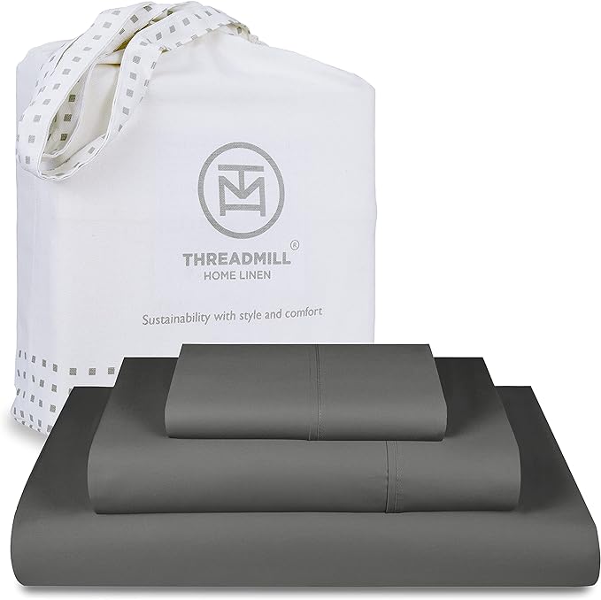 Threadmill Luxury 800 Thread Count 100% Cotton Sheets - Sateen Weave Twin XL Bed-Sheets, Better Than Egyptian Cotton,3 Pc Solid Soft Bedding Set (Dark Grey), Fits 15" Deep Pocket