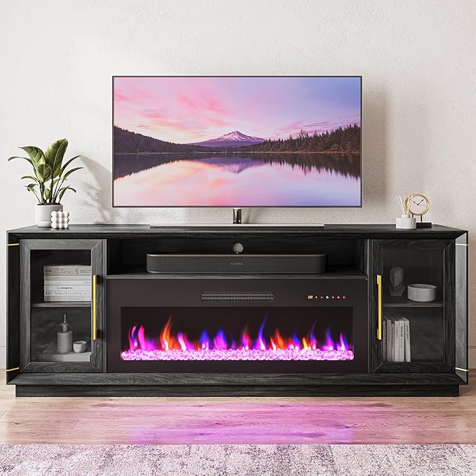 BELLEZE 74" Extra Large TV Stand for TVs Up to 85", Media Console Table with 42" Electric Fireplace Heater, Entertainment Center with Storage Cabinets for Living Room, Bedroom - Sienna (Black Ebony)
