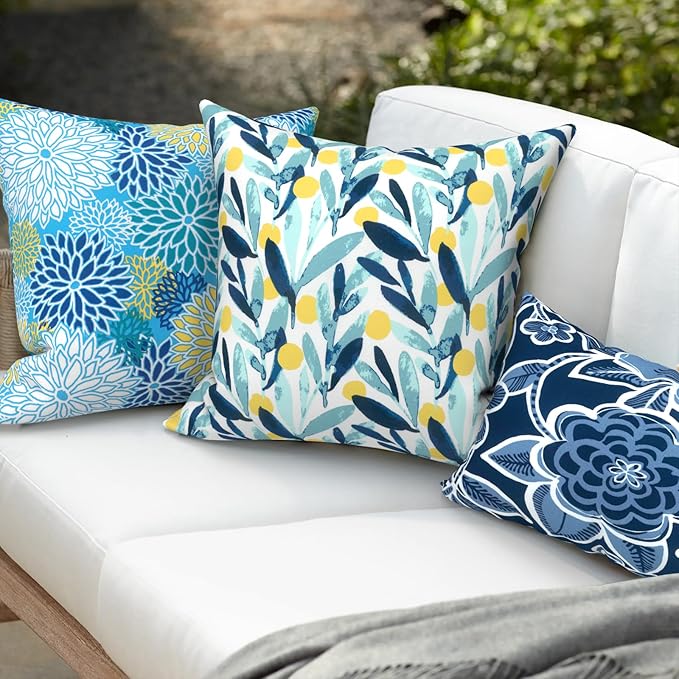 Pack of 2 Patio Throw Pillow Covers ONLY, Water Repellent Cushion Cases 20x20 Inch, Square Pillowcases for Outdoor Couch Decoration, Leaves Multi