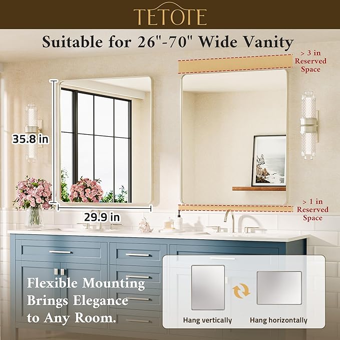 TETOTE Brushed Nickel Bathroom Mirror 30 x 36 Brushed Nickel Metal Framed Bathroom Mirror, Tempered Glass, Modern Farmhouse Wall Mounted Mirror for Decorative(Horizontal/Vertical)