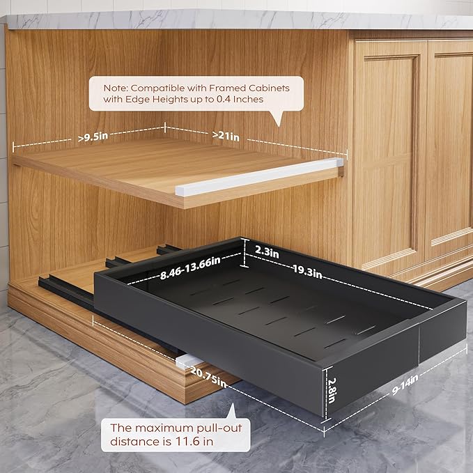 2 Pack Pull Out Cabinet Organizers 21" Deep With Raising Pad for Framed Cabinets, Expandable Width (9"-14") Slide Out Drawers Upgrade 3 Slide Rails, Roll Out Shelves Adhesive, Black