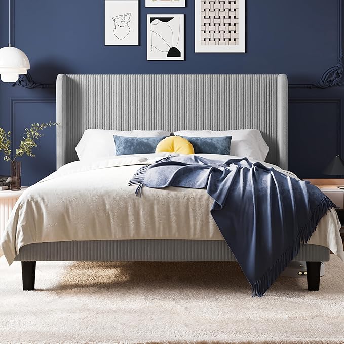 Allewie Full Size Bed Frame with Upholstered Wingback Headboard, Vertical Channel Tufted Corduroy Velvet Platform Bed, Strong Wooden Slats Support, No Box Spring Needed, Easy Assembly, Light Grey