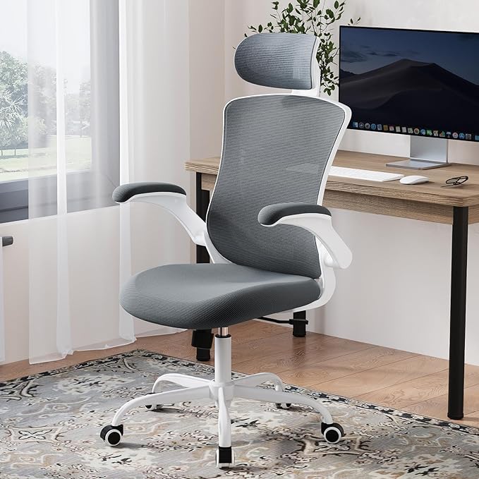 Ergonomic Office Chair with Adjustable Lumbar Support & Headrest, High Back Mesh Desk Chair with Flip-Up Armrests, Breathable & Comfortable Computer Chair for Home, Office & Study –Grey