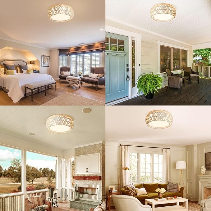 WINGBO 15.7" Modern 3-Light Flush Mount Ceiling Light Fixture with Fabric & Acrylic Double Drum Shade for Bedroom Living Room Dining Room Hallway Entryway, White