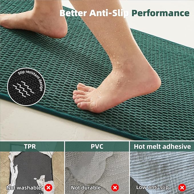 Bathroom Rugs Non Slip Washable, Super Absorbent Thin Bath Mat Small Quick Dry Low Pile Bathroom Rug, Dark Green 16"x24"
