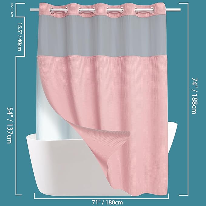 Conbo Mio No Hook Waffle Weave Shower Curtain with Snap in Liner Set, Hotel Luxury Pink Shower Curtains for Bathroom with See Through Top Window, Waterproof, Washable 71W x 74H