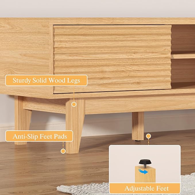 Wooden Fluted TV Stand for 55 65 70 inch TV, Long & Large TV Media Console Table with Storage Cabinets, Boho Farmhouse Entertainment Center for Living Room, Bedroom - Natural Wood