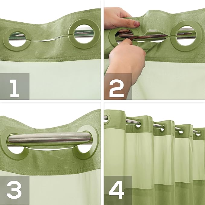 No Hook Slub Textured Shower Curtain with Snap-in PEVA Liner Set - 71" x 74"(72"), Hotel Style with See Through Top Window, Fabric Outer Curtain & Waterproof Inner Liner, Sage, 71x74