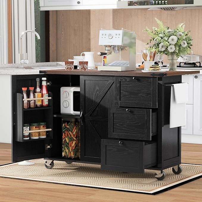 54.5" Farmhouse Kitchen Island with Power Outlet, Kitchen Storage Island with Internal Storage Rack, Drop Leaf, Spice Rack, Rolling Kitchen Cart on Wheels, for Home, Kitchen and Dining Room (Black)