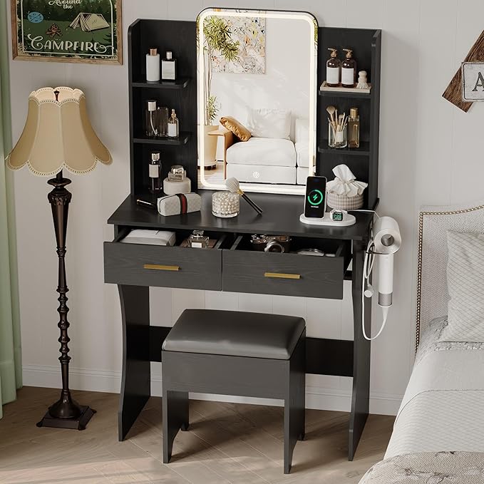 Small Vanity Desk with Mirror and Lights, Makeup Vanity with LED Lights, Black Vanity Mirror with Lighted Desk and Chair, 3 Lighting Adjustable Compact Dressing Table with Mirror for Women, Girls