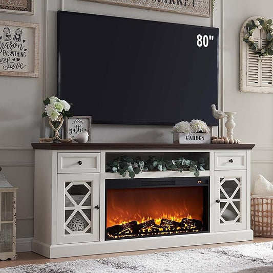 Farmhouse Fireplace TV Stand with 36" Electric Fireplace for 80 Inch TVs, 31" Tall Entertainment Center w/Drawer & Diamond Panel Door, Highboy Media Console for Living Room, 70inch, White