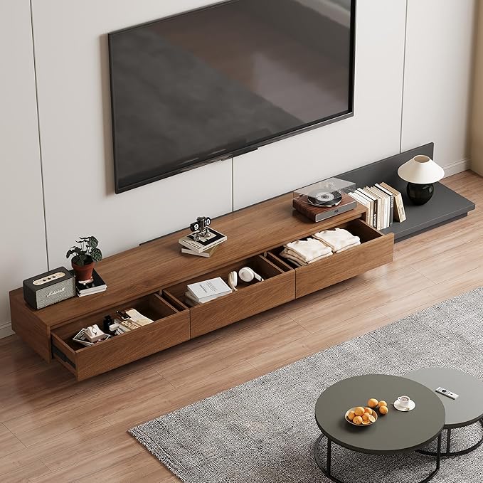 Adjustable TV Stand with 3 Drawers - Mid-Century Modern Extendable Entertainment Center for Living Room or Bedroom(78.7–130"), Stylish Walnut Media Console
