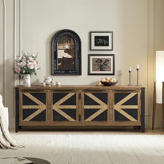 VFK 70 Inch Farmhouse TV Stand for 75 Inch TV, Rustic Entertainment Center with 4 Doors, Wood Media Console Cabinet with Storage, Living Room TV Cabinet