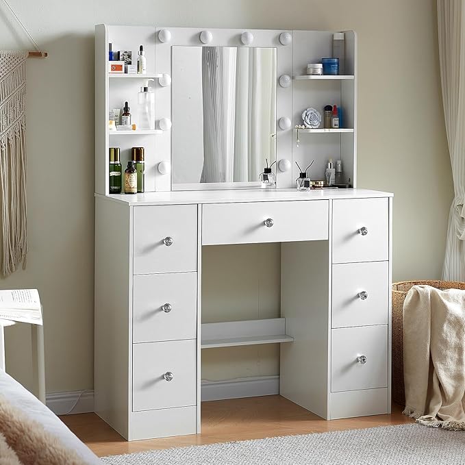 White Vanity Desk with Mirror and Lights, 3 Colors LED Lighted Hollywood Makeup Vanity Mirror with 10 Lights, Large Vanity Dressing Table with 7 Drawers, Crystal Knobs